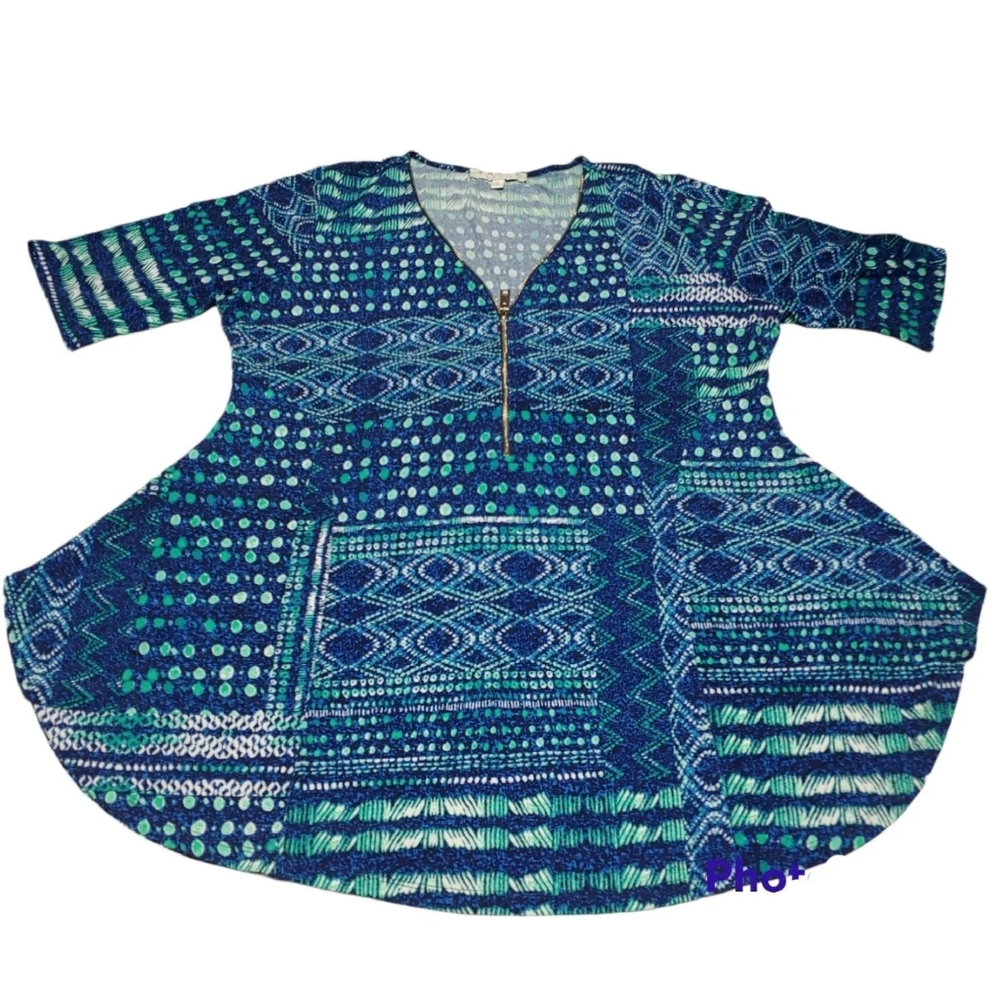 CHAUS New York Women's Blue Green Front  Zip Mid Length Sleeve Blouse L